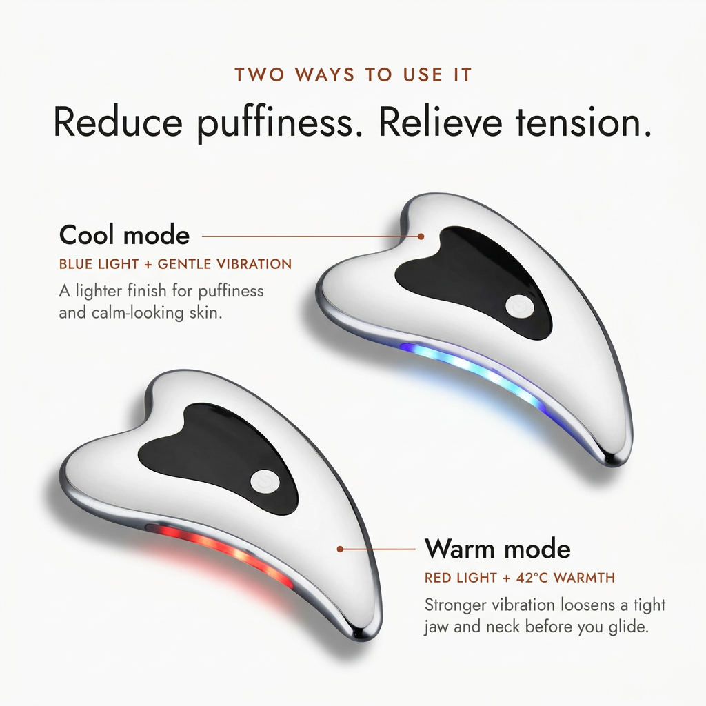 Two ways to use it: a cool mode with blue light and gentle vibration, and a warm mode with red light and 42°C warmth