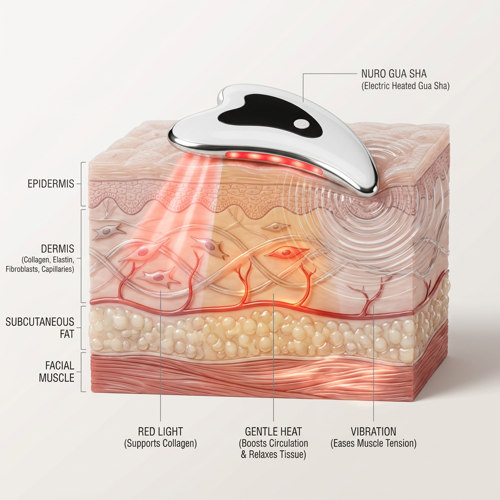How it works under the skin: red light supports collagen, gentle heat boosts circulation and vibration eases muscle tension